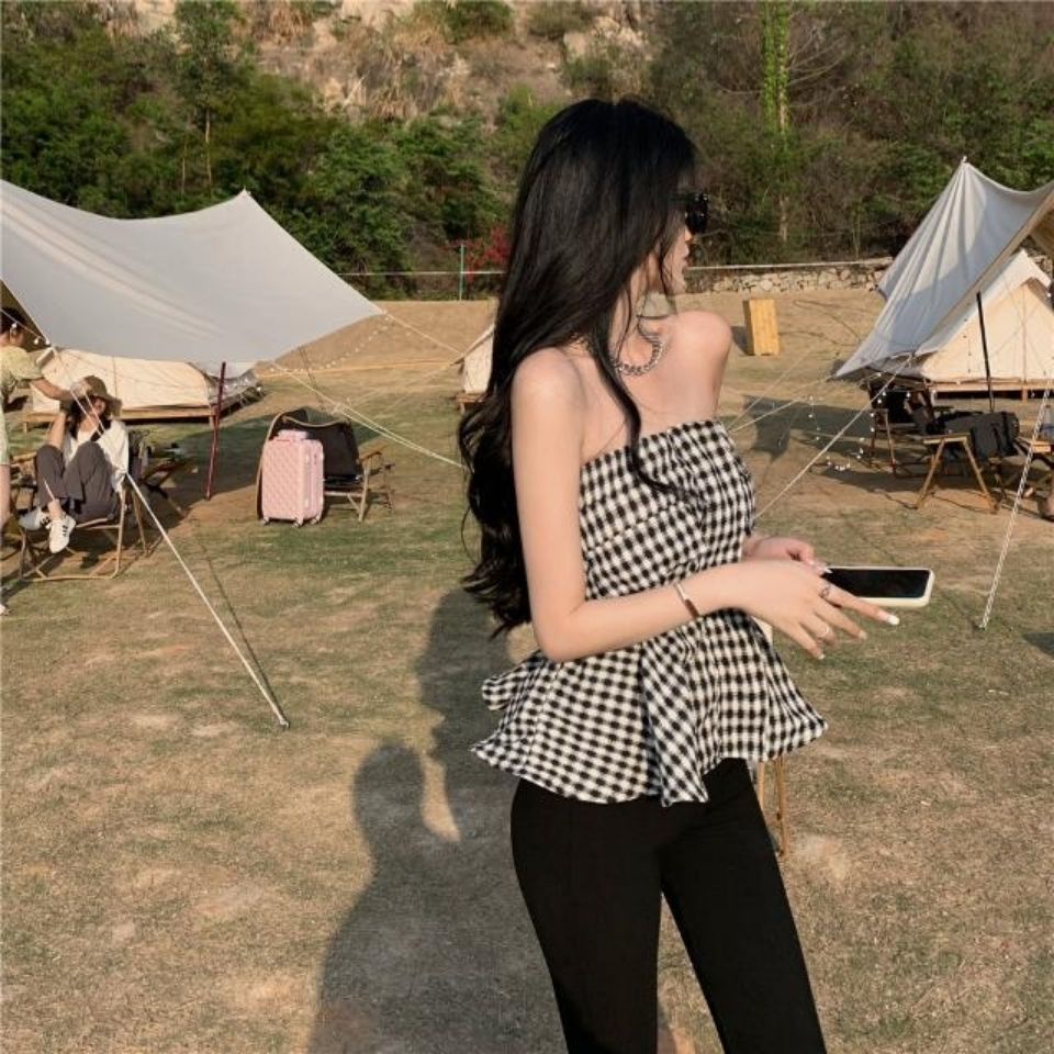 Áo Ống Dáng Chữ A Không Tay Hở Vai Họa Tiết Sọc Caro Phong Cách Retro Thời Trang Mùa Hè Dành Cho Bạn Nữ