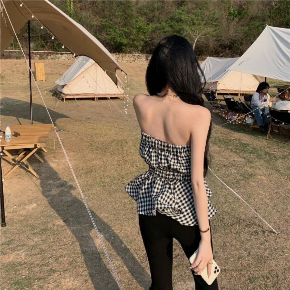 Áo Ống Dáng Chữ A Không Tay Hở Vai Họa Tiết Sọc Caro Phong Cách Retro Thời Trang Mùa Hè Dành Cho Bạn Nữ