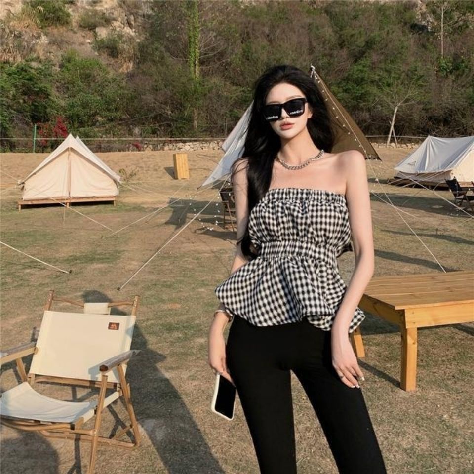 Áo Ống Dáng Chữ A Không Tay Hở Vai Họa Tiết Sọc Caro Phong Cách Retro Thời Trang Mùa Hè Dành Cho Bạn Nữ