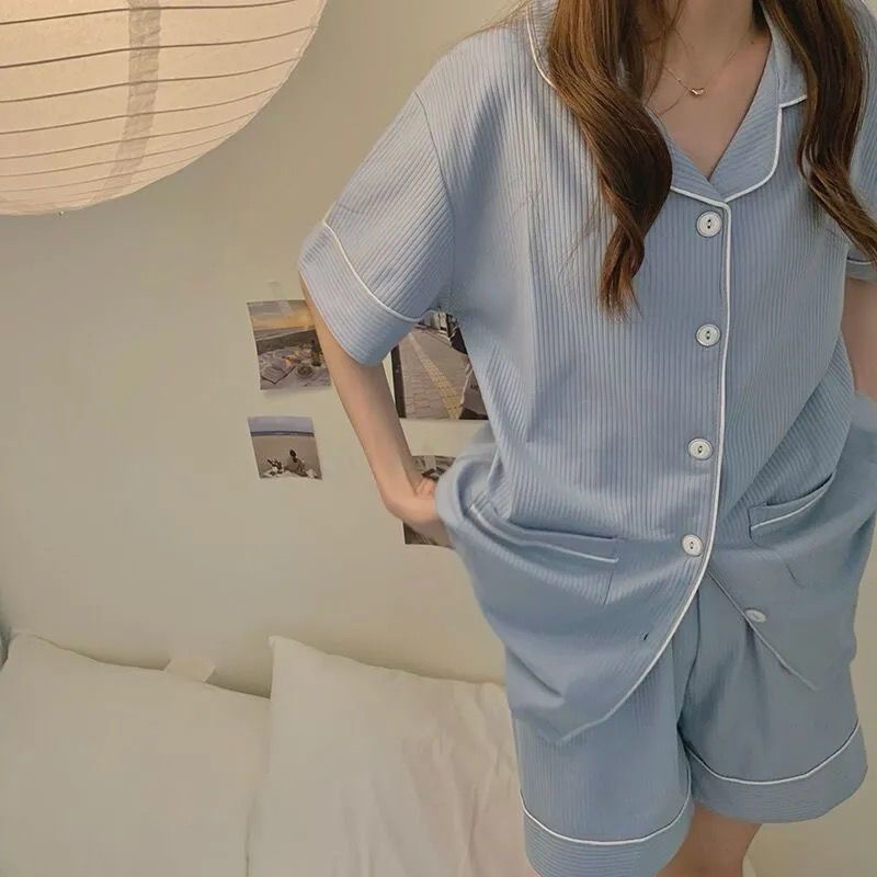 Bộ Đồ Ngủ Áo Cardigan Tay Ngắn Phối Quần Short Màu Xanh Dương Trơn Đơn Giản Thời Trang Mùa Hè Cho Nữ