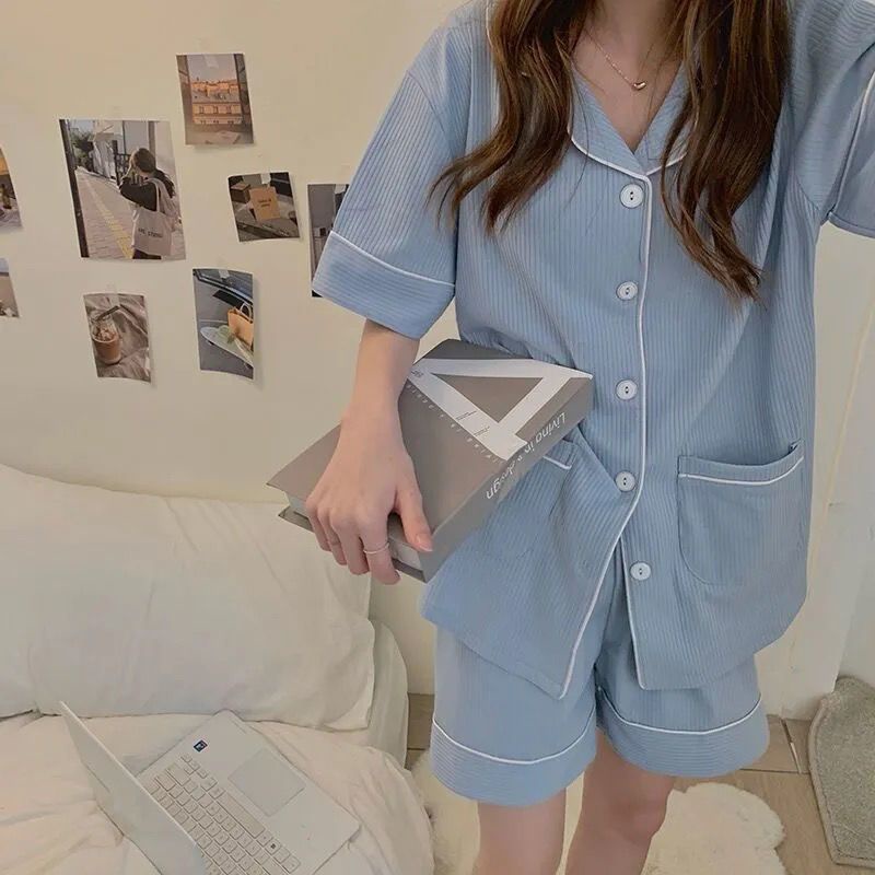 Bộ Đồ Ngủ Áo Cardigan Tay Ngắn Phối Quần Short Màu Xanh Dương Trơn Đơn Giản Thời Trang Mùa Hè Cho Nữ