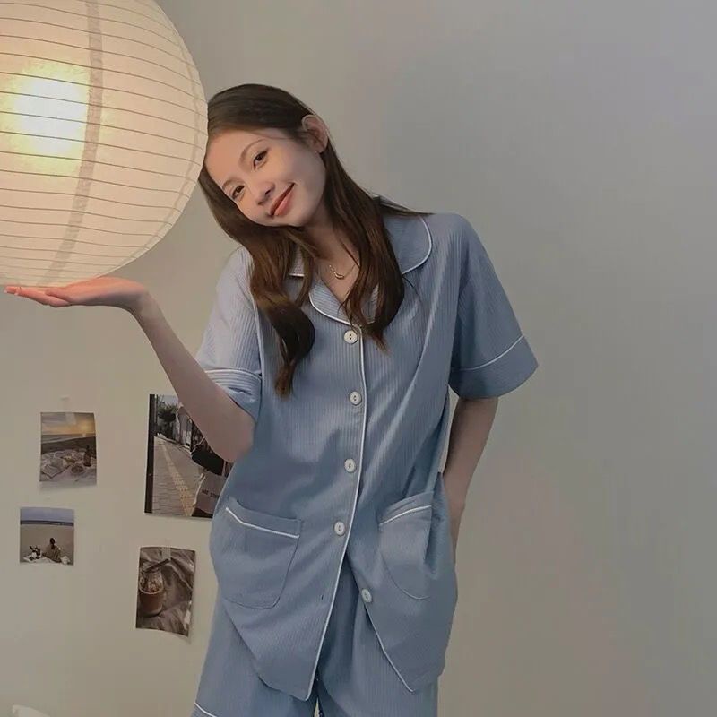 Bộ Đồ Ngủ Áo Cardigan Tay Ngắn Phối Quần Short Màu Xanh Dương Trơn Đơn Giản Thời Trang Mùa Hè Cho Nữ