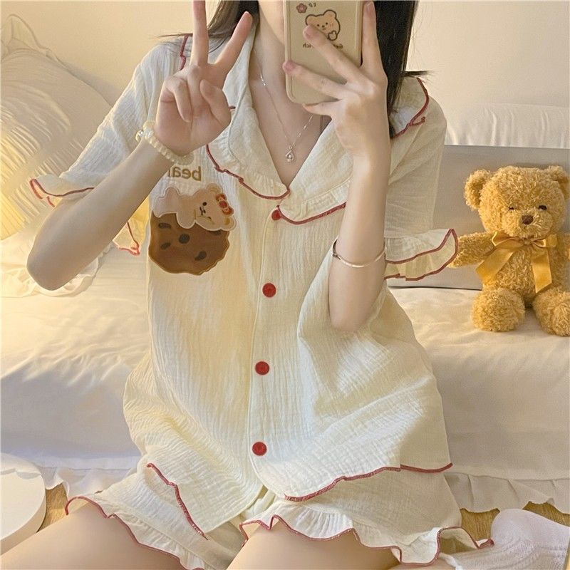 Bộ Đồ Ngủ Phối Bèo In Họa Tiết Chú Gấu Dễ Thương Phong Cách Nhật Bản Thời Trang Mùa Hè Cho Nữ