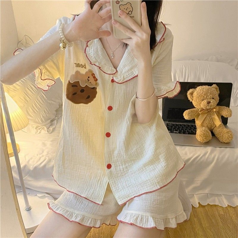 Bộ Đồ Ngủ Phối Bèo In Họa Tiết Chú Gấu Dễ Thương Phong Cách Nhật Bản Thời Trang Mùa Hè Cho Nữ