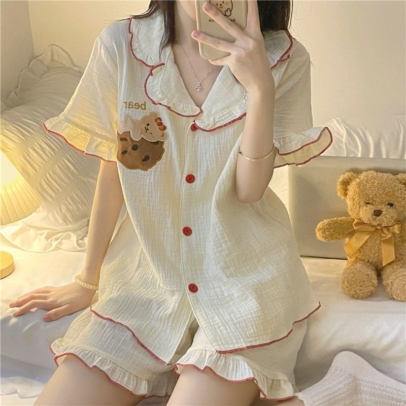 Bộ Đồ Ngủ Phối Bèo In Họa Tiết Chú Gấu Dễ Thương Phong Cách Nhật Bản Thời Trang Mùa Hè Cho Nữ