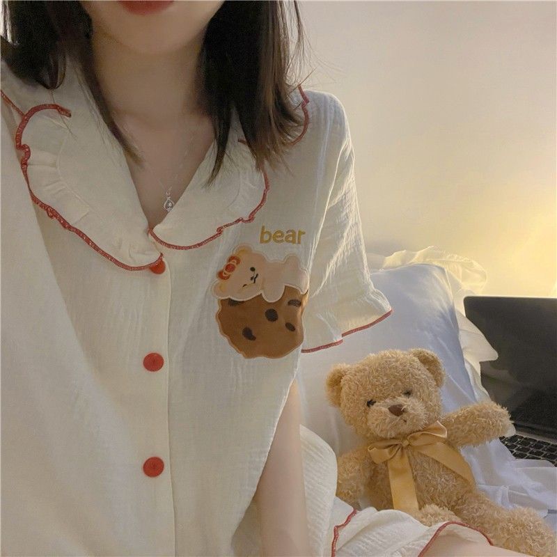 Bộ Đồ Ngủ Phối Bèo In Họa Tiết Chú Gấu Dễ Thương Phong Cách Nhật Bản Thời Trang Mùa Hè Cho Nữ
