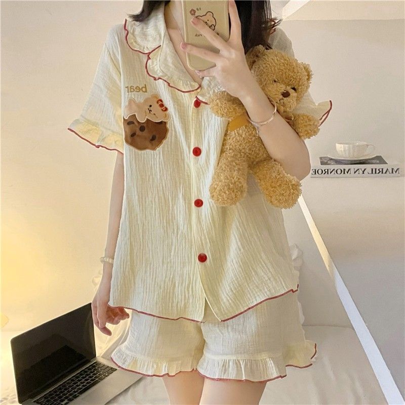 Bộ Đồ Ngủ Phối Bèo In Họa Tiết Chú Gấu Dễ Thương Phong Cách Nhật Bản Thời Trang Mùa Hè Cho Nữ