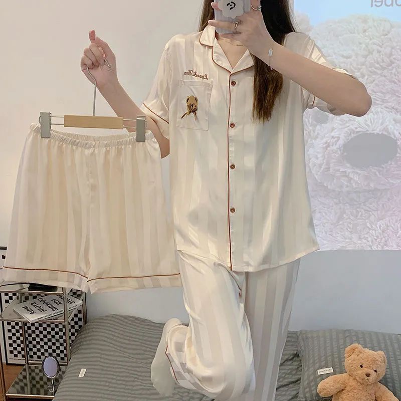 Bộ Đồ Ngủ Ba Món Bằng Lụa Lạnh Mỏng Tay Ngắn Họa Tiết Kẻ Sọc Phong Cách Hàn Quốc Thời Trang Mùa Hè Dành Cho Bạn Nữ