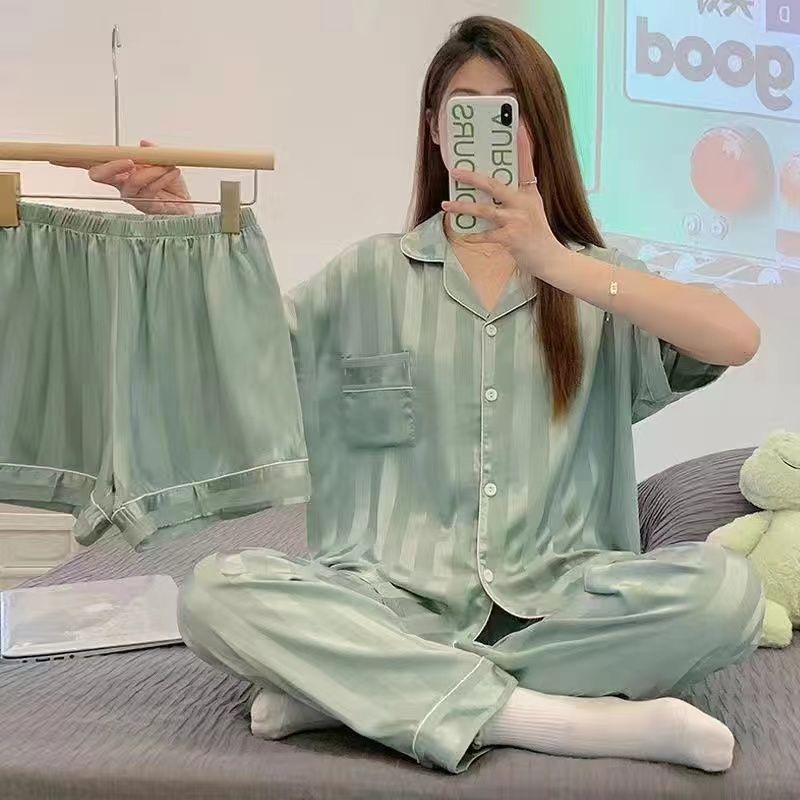 Bộ Đồ Ngủ Ba Món Bằng Lụa Lạnh Mỏng Tay Ngắn Họa Tiết Kẻ Sọc Phong Cách Hàn Quốc Thời Trang Mùa Hè Dành Cho Bạn Nữ