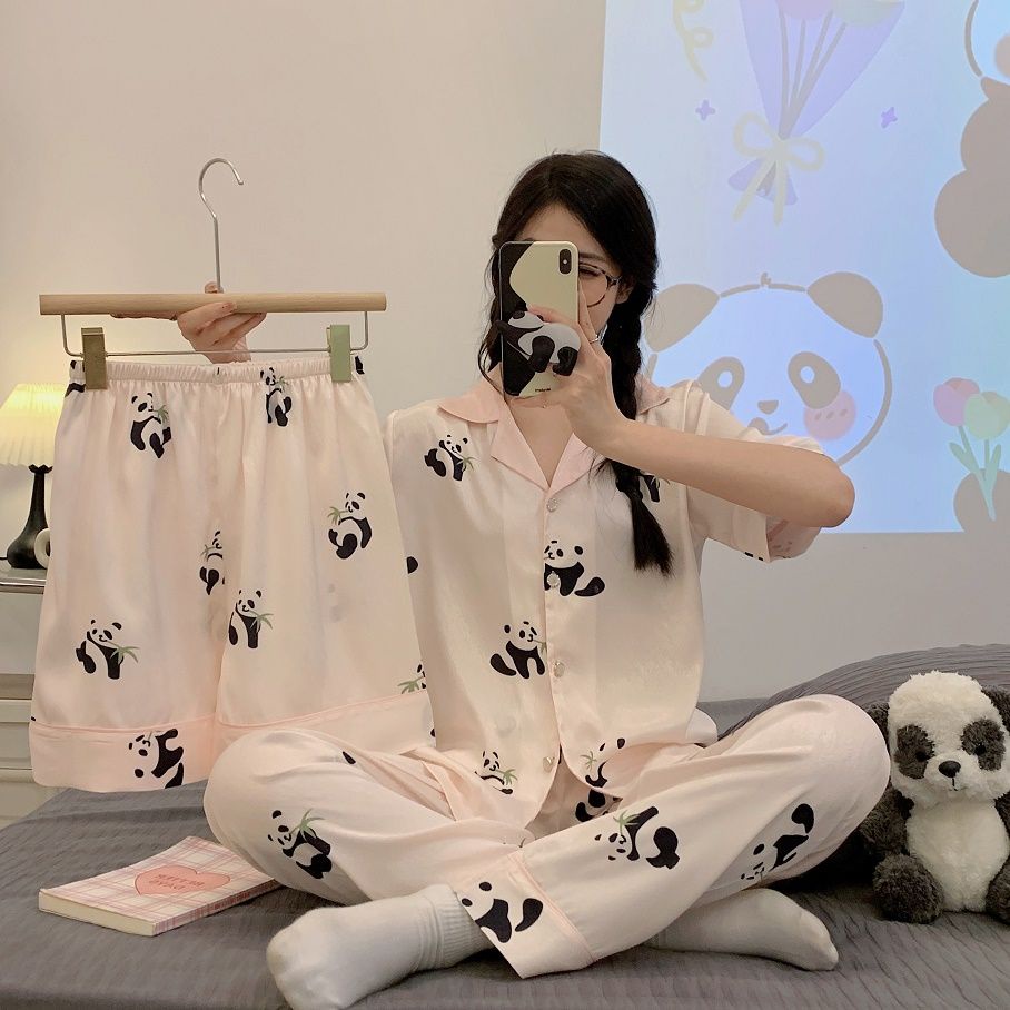 Bộ Đồ Ngủ Ba Món Bằng Lụa Lạnh Mỏng Tay Ngắn Họa Tiết Kẻ Sọc Phong Cách Hàn Quốc Thời Trang Mùa Hè Dành Cho Bạn Nữ