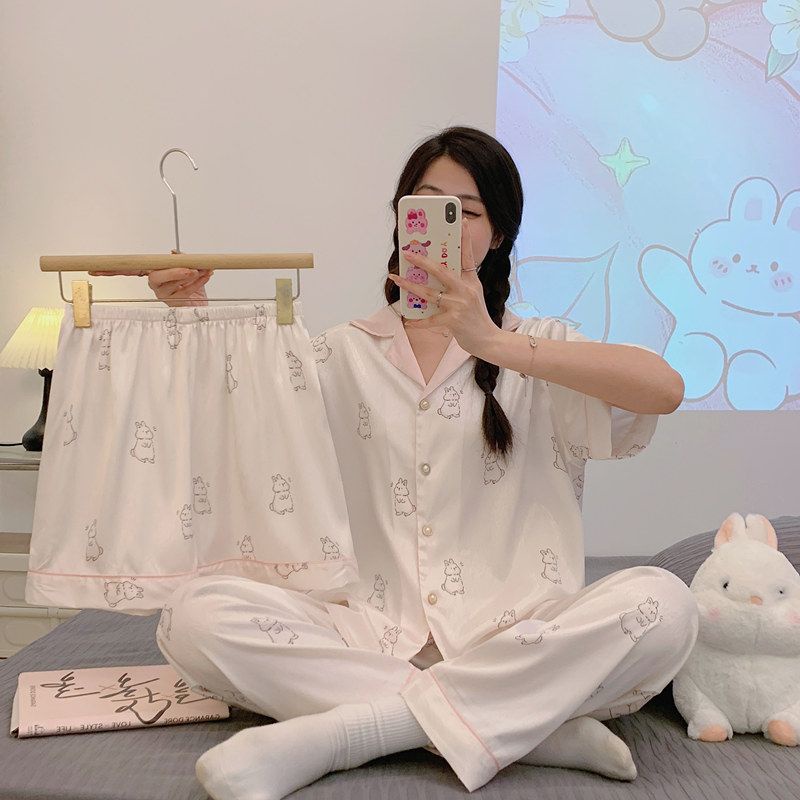 Bộ Đồ Ngủ Ba Món Bằng Lụa Lạnh Mỏng Tay Ngắn Họa Tiết Kẻ Sọc Phong Cách Hàn Quốc Thời Trang Mùa Hè Dành Cho Bạn Nữ