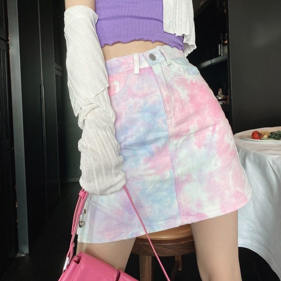 Chân Váy Denim Chữ A Lưng Cao Nhuộm Màu Phong Cách Mới Ngọt Ngào Thời Trang Xuân Hè Cho Nữ