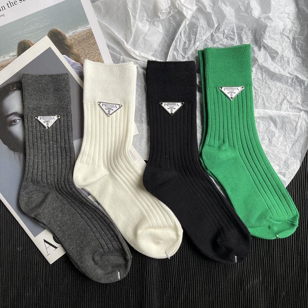 Prada triangular letter mid-length double-needle wide strip trendy brand stockings pure color luxury high-value women s
