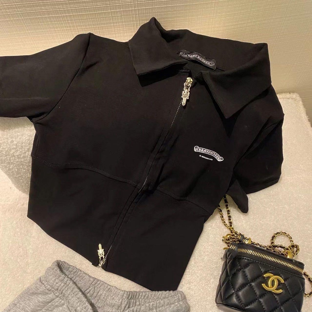 Chrome Hearts Áo Thun Cổ polo Có Khóa Kéo Thêu Họa Tiết Màu Sắc Tương Phản Thời Trang Mùa Hè Cho Nữ