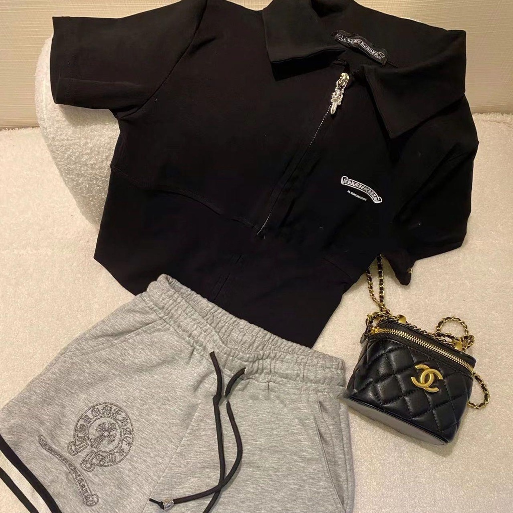 Chrome Hearts Áo Thun Cổ polo Có Khóa Kéo Thêu Họa Tiết Màu Sắc Tương Phản Thời Trang Mùa Hè Cho Nữ