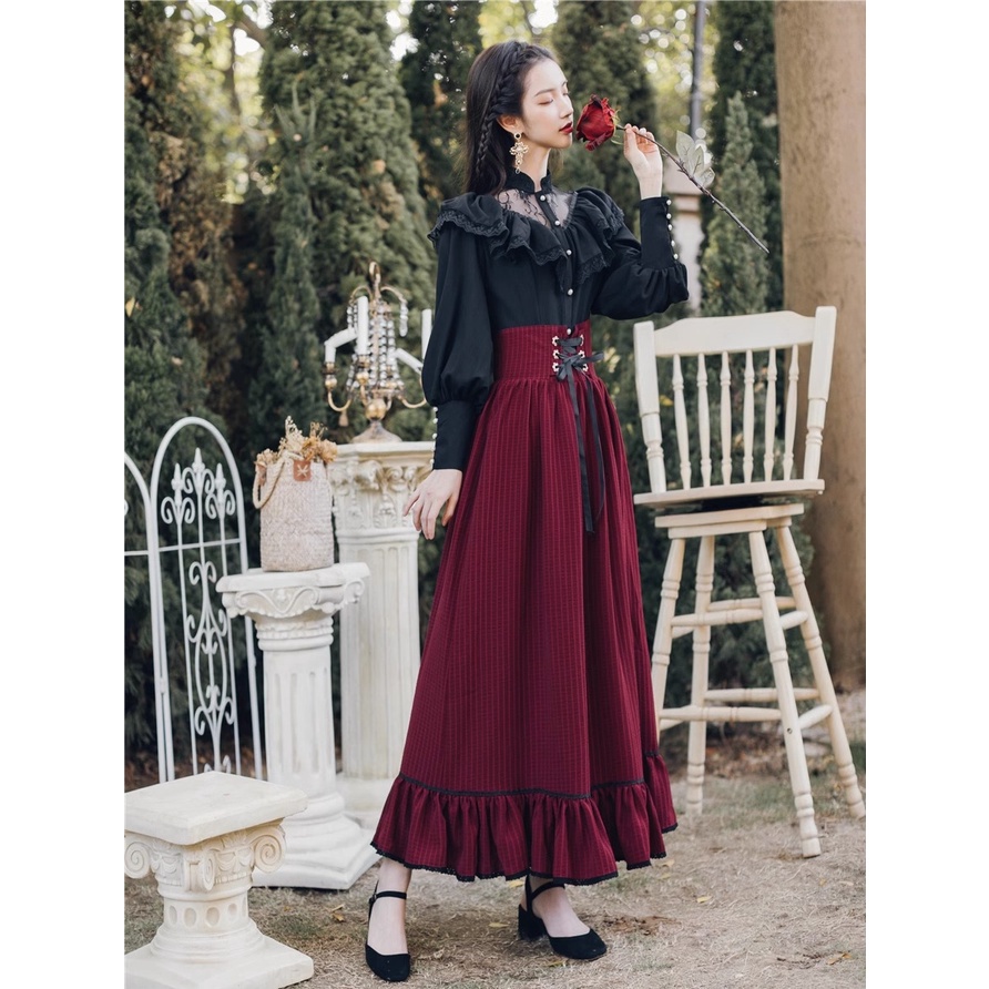 Set Áo Sơ Mi Đen Và Chân Váy Dài Phong Cách retro Cho Nữ