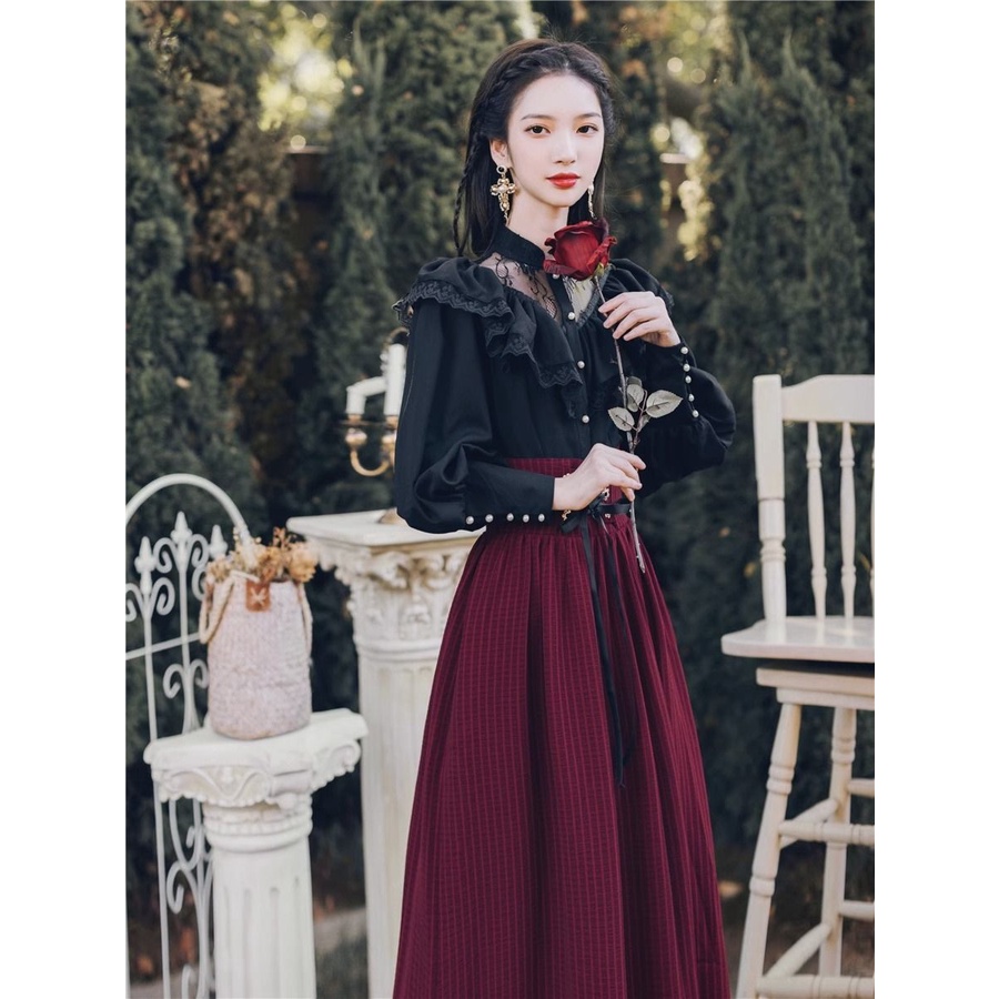 Set Áo Sơ Mi Đen Và Chân Váy Dài Phong Cách retro Cho Nữ