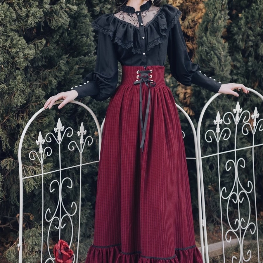 Set Áo Sơ Mi Đen Và Chân Váy Dài Phong Cách retro Cho Nữ