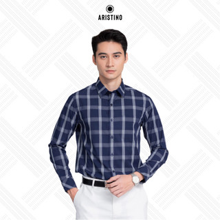  Áo sơ mi nam dài tay ARISTINO họa tiết trắng kẻ tím than nam tính lịch lãm- ALS21002 