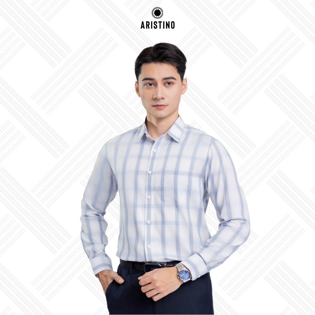 Áo sơ mi nam dài tay ARISTINO phom Regular fit suông nhẹ, màu trắng kẻ xám đơn giản, tinh tế - ALS08