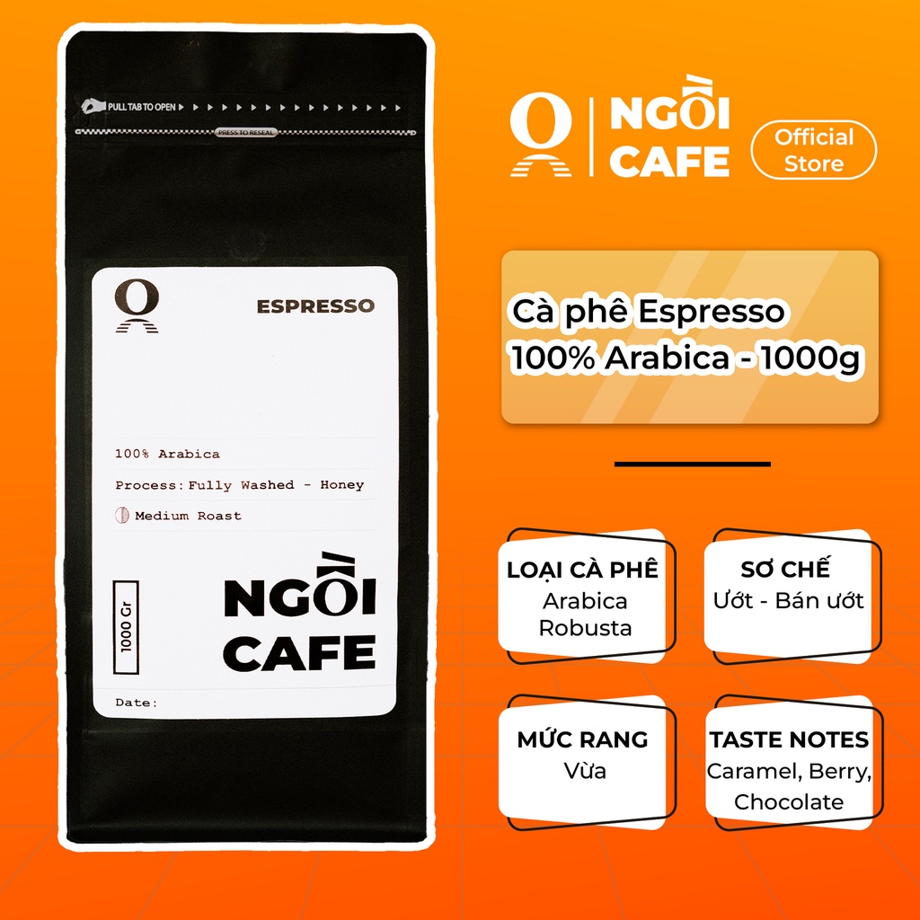 Cà phê Espresso Arabica Cầu Đất rang mộc nguyên chất Ngồi Cafe E01 (Túi zipper nhôm an toàn thực phẩm có van một chiều)