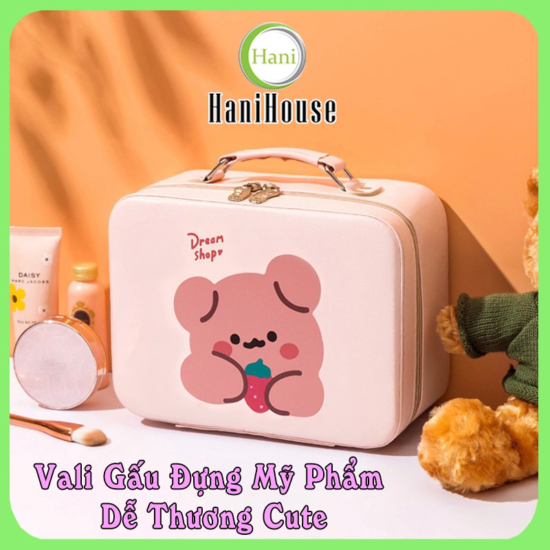 Hộp Vali Gấu Cute Khóa Kéo Đựng Mỹ Phẩm Trang Điểm Mini Có Gương Cao Cấp Hani House