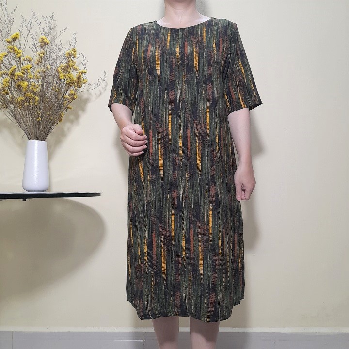 Váy Đầm Trung Niên - Vải Lụa Đũi - Form Suông A Che Bụng - Size 48KG - 90KG