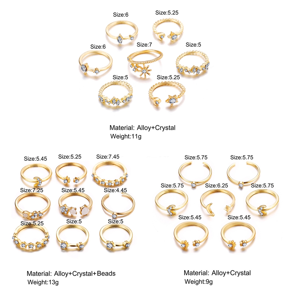 Bộ nhẫn mạ vàng đính đá pha lê phong cách Bohemian thời trang cổ điển