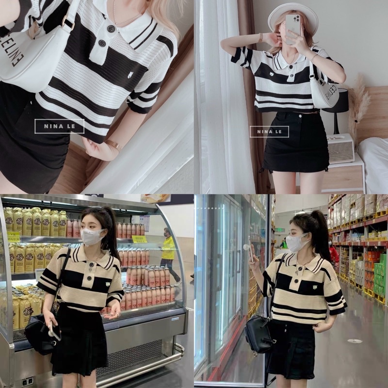 [Ảnh thật/Video]Áo kẻ polo Tây có cổ kiểu mongtogi Quảng Châu  Áo len sọc ngang Hàn Quốc