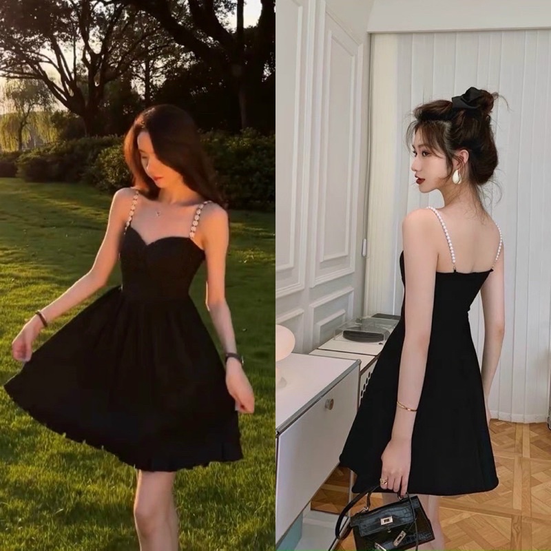 Đầm váy đen xoè hai/2 dây ngọc có mút cúp ngực thời trang nữ đi dự tiệc sinh nhật party dạo phố du lịch đi biển đi chơi