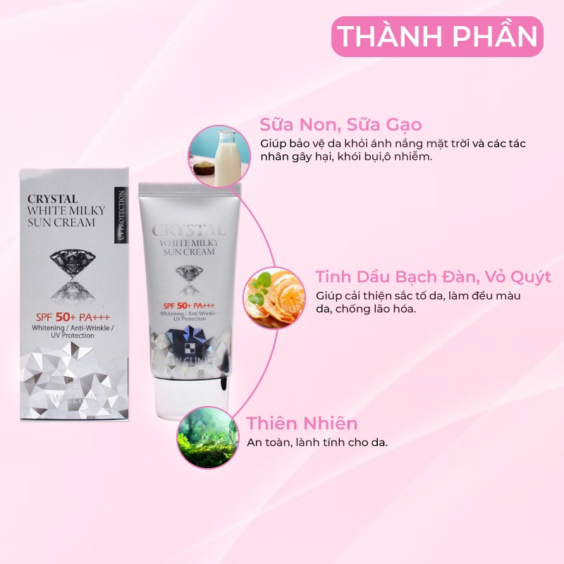 Kem Chống Nắng 3W CLINIC CRYSTAL WHITE MILKY SUN CREAM SPF 50/ PA +++ Hàn Quốc 50ml