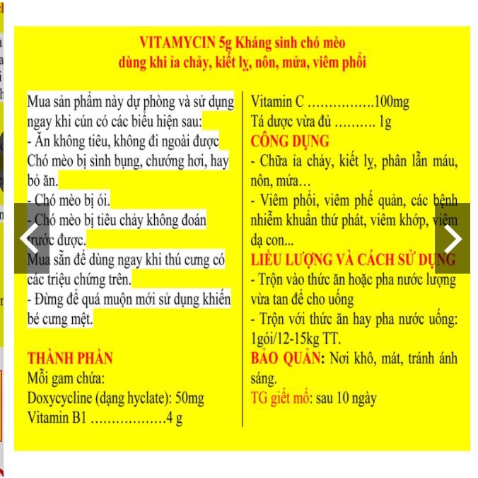 Vitamycin gói 5gr Kháng sinh tiêu chảy chó mèo - đi ỉa thú cưng kiết lị chó dạng uống