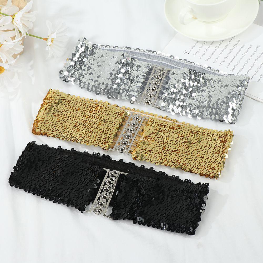 LEILY Thắt Lưng Bản Rộng Co Giãn Đính Kim Sa Lấp Lánh Phong Cách Vintage