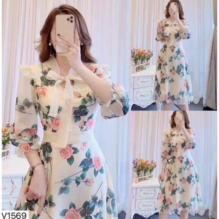 Đầm hoa tay lỡ cổ cột nơ chất voan lụa cao cấp #damhoanoco