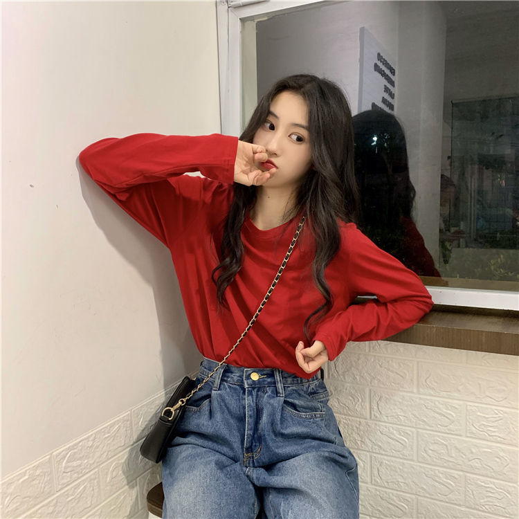 Áo Thun Tay Dài Cổ Tròn Màu Trơn Phong Cách Hàn Quốc Cho Nữ