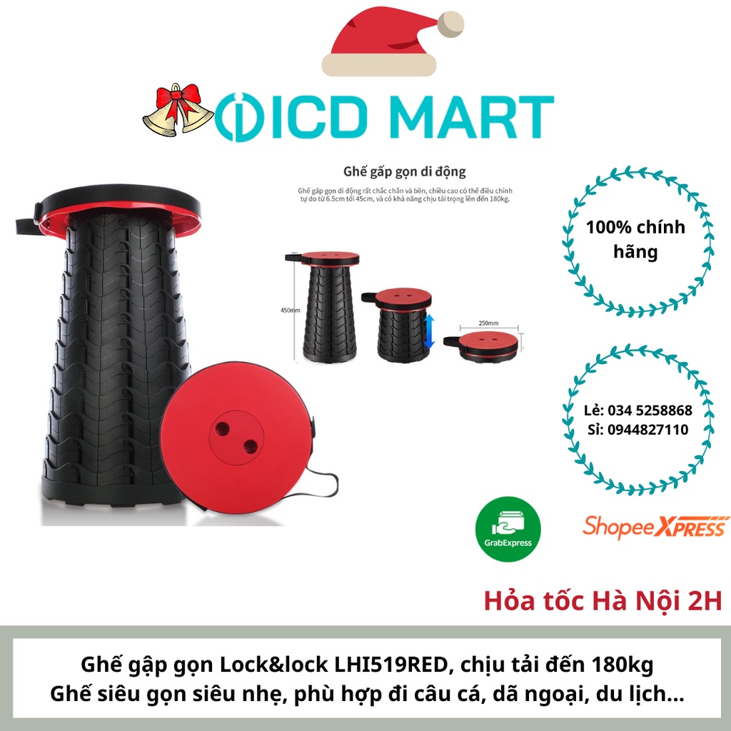 Ghế nhựa thông minh gấp gọn cho dã ngoại, hoạt động ngoài trời Lock_Lock - Màu đỏ LHI519RED, chịu đến 180kg