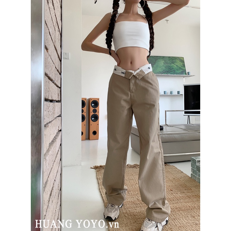 Quần Kaki Ống Rộng Lưng Cao Thời Trang Cho Nữ