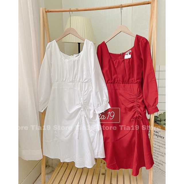 Váy cổ vuông xếp ly rút dây dài tay Tia19 . Đầm dài đỏ Tết dáng xoè ulzzang