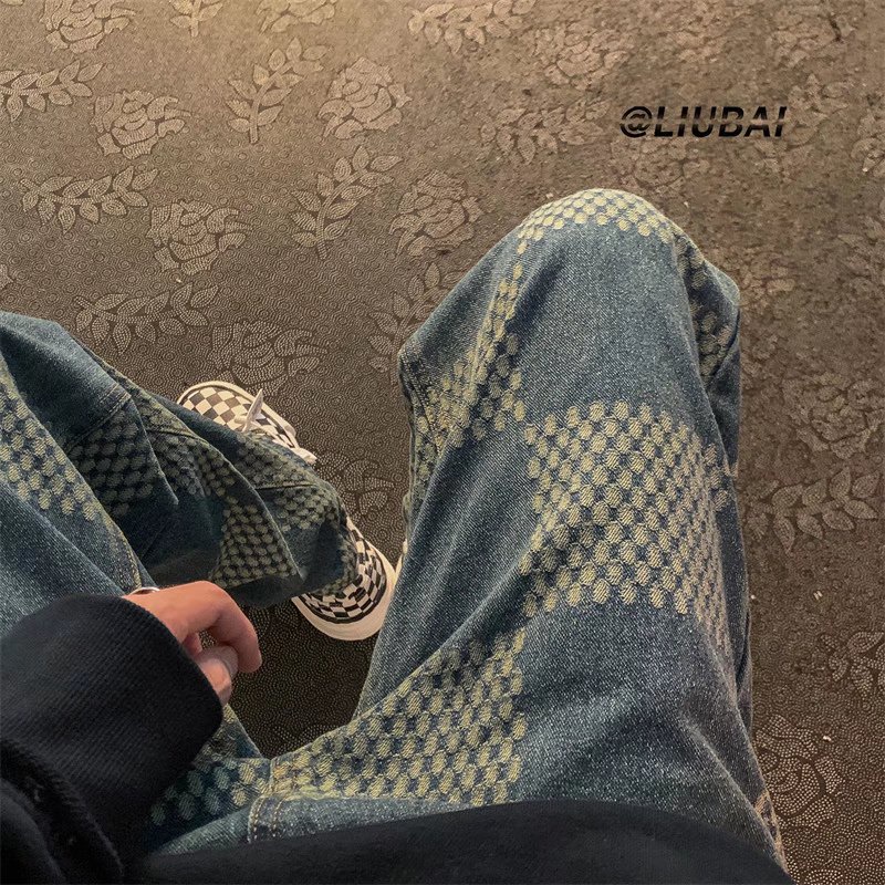 Quần jean ống rộng họa tiết sọc ca rô phong cách Hàn Quốc cá tính thời trang