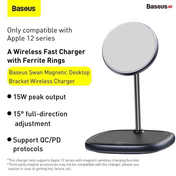 Đế giữ điện thoại tích hợp sạc nhanh không dây Baseus 15W Swan Magnetic Desktop Bracket Wireless Charger cho iPhone 12