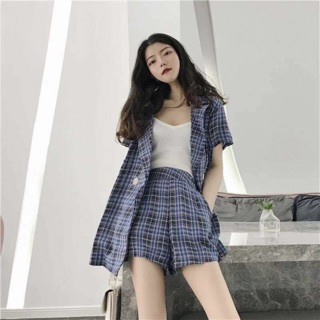 Set vest caro xuất Hàn - xanh/ hồng