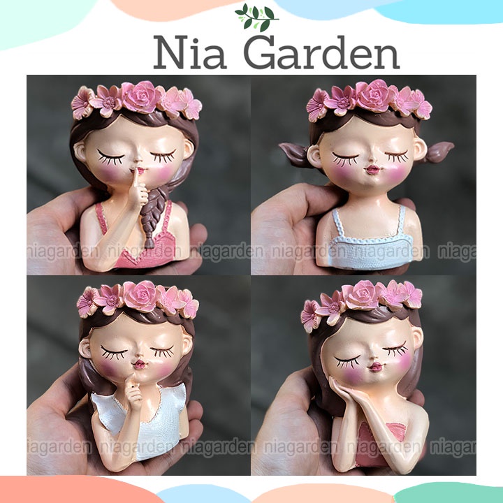 Chậu trồng sen đá mini xương rồng cây để bàn cô gái đội vòng hoa Nia Garden N4
