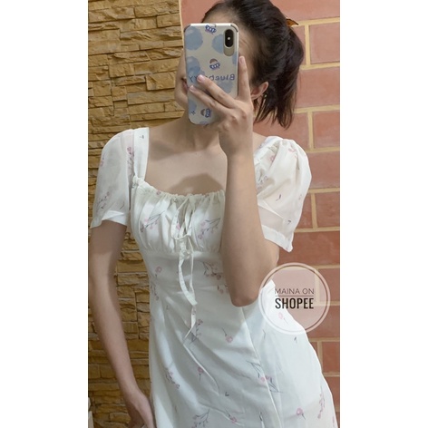 Váy xẻ tà tiểu thư - Đầm hoa nhí cộc tay
