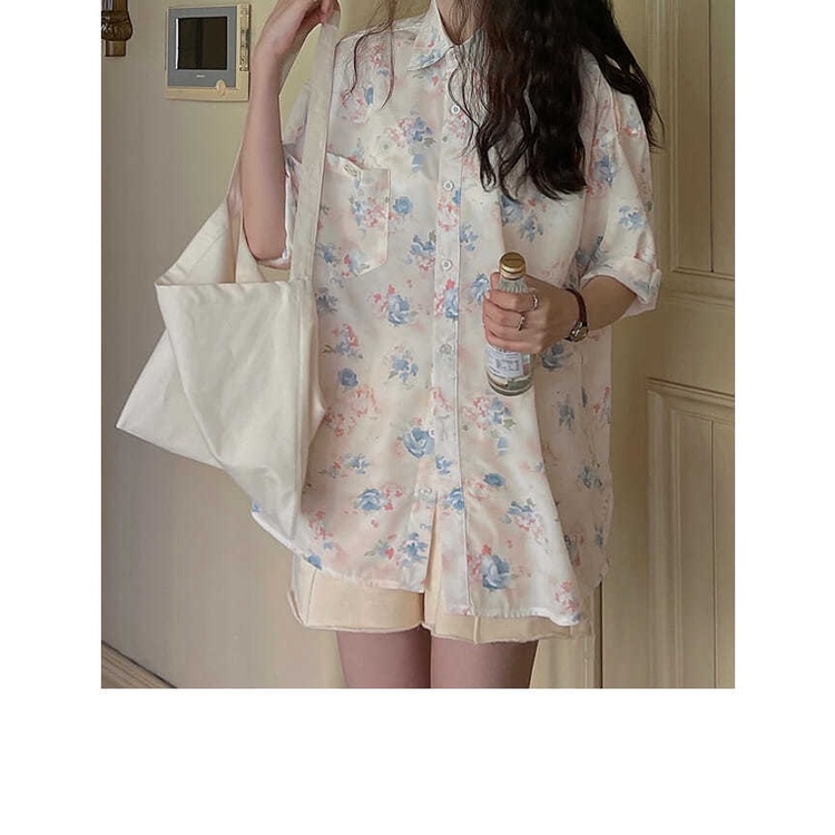 Mới Áo Sơ Mi Tay Ngắn Họa Tiết Hoa Phong Cách Retro Hàn Quốc