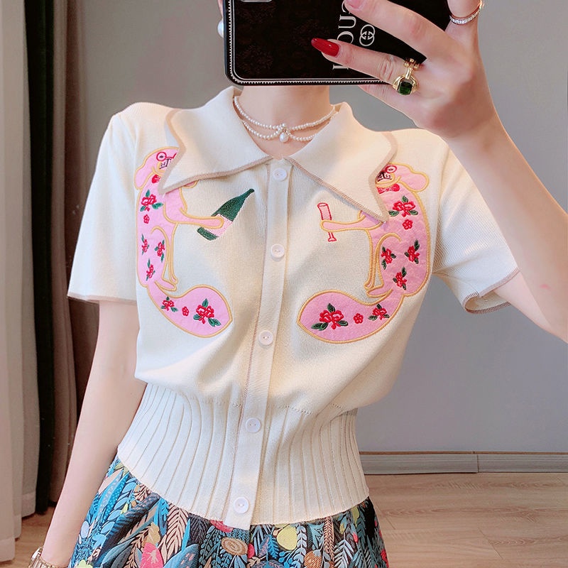 Áo Dệt Kim Ngắn Tay Cổ Búp Bê Thêu Họa Tiết Hoạt Hình Thời Trang Mùa Hè Cho Nữ