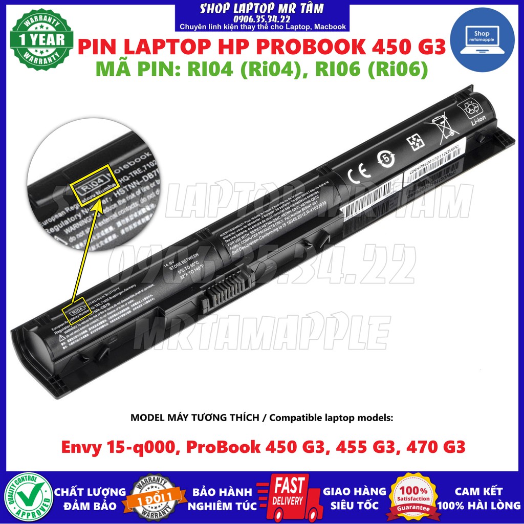 Pin Laptop HP PROBOOK 450 G3 (RI04) - 4 CELL - ENVY 15 q000, ProBook 450 G3, 455 G3, 470 G3