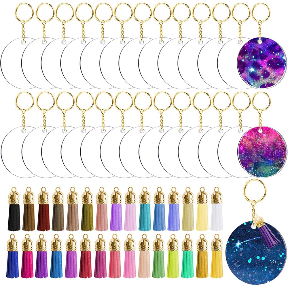 Set 120 Móc Khóa Hình Tròn Bằng Acrylic Trong Suốt Phối Da Tua Rua DIY