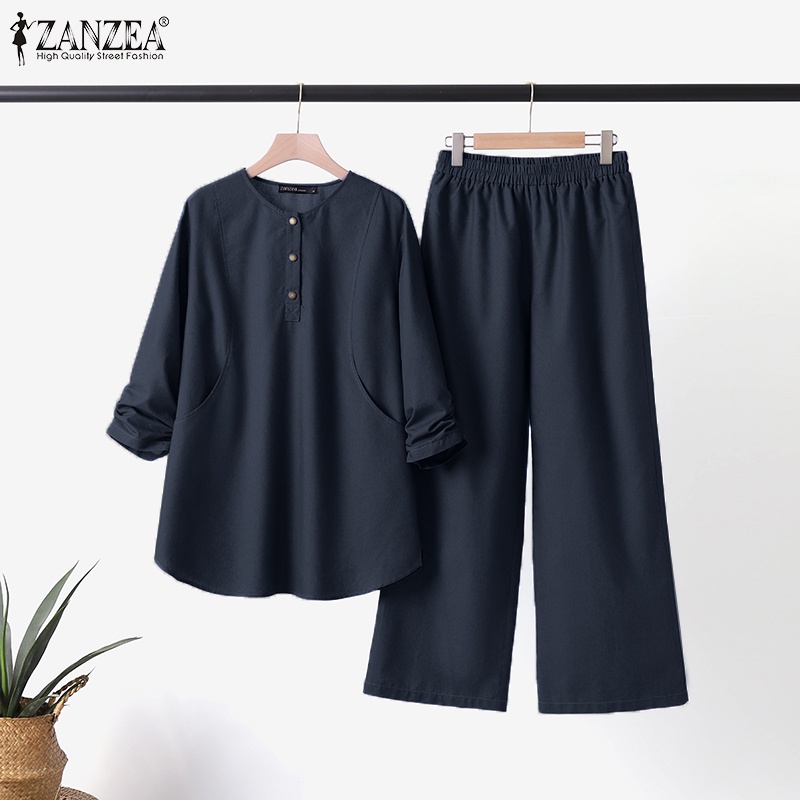 Zanzea Set Áo Denim Tay 3 / 4 + Quần Dài Ống Rộng Thời Trang Nữ