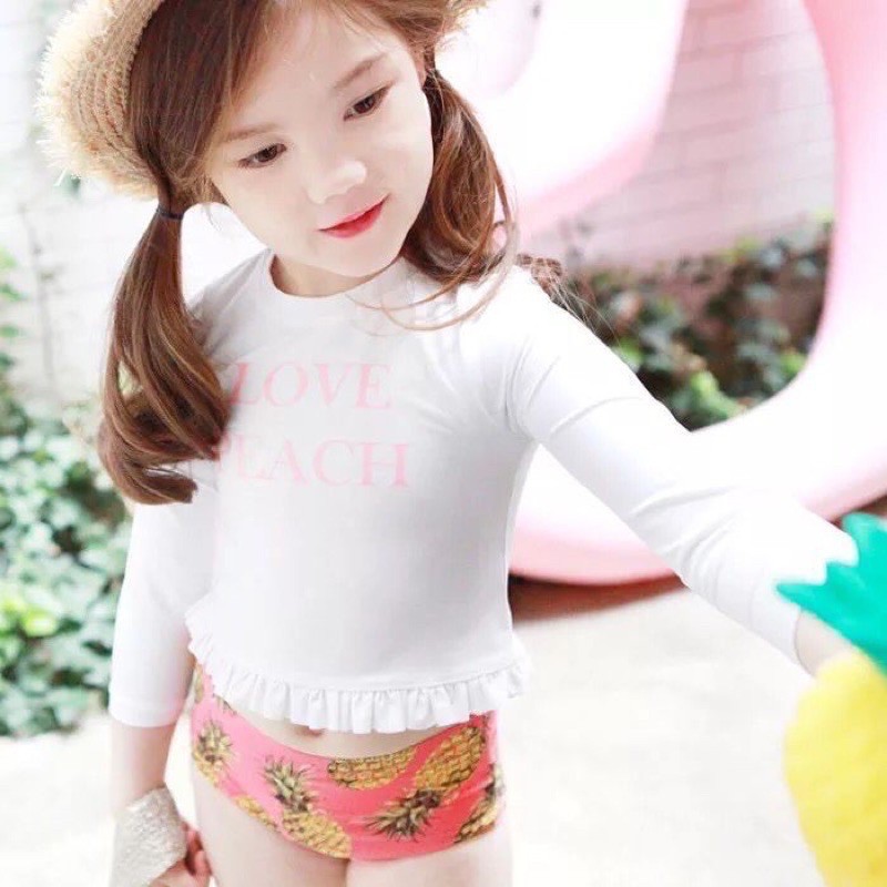 [SIZE TO 25-40kg] Bộ đồ bơi tay dài bé gái LOVE PEACH croptop quần cạp cao siêu kute