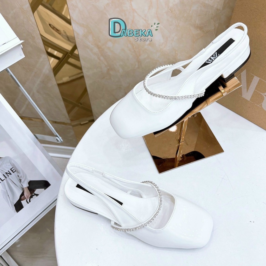 Giày Búp Bê Tiểu Thư Phong Cách Cổ Điển - Sandal Nữ Đế 3P Mũi Vuông Quai Đính Đá Sang Chảnh - Dabeka - G032
